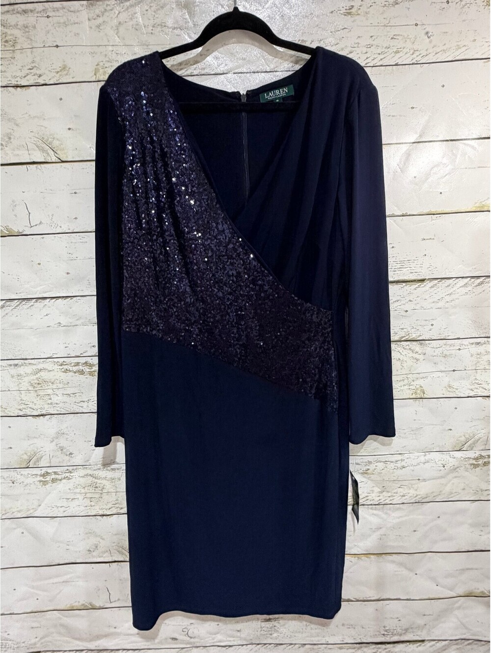 Lauren Ralph Lauren Navy Sequin-Panel Jersey Dress Women's 16 NWT